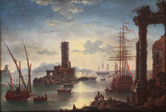 Alessandro Grevenbroeck (n&eacute; au XVIIe si&egrave;cle mort &agrave; Padoue) Paysage marin hollandais au cr&eacute;puscule vers 1700 Canvas oil Louis XIV - Regency 17th century - Foto 1