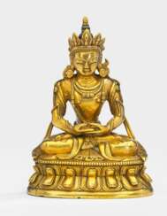 Feuervergoldete Bronze des Amitayus auf einem Lotos im Meditationssitz