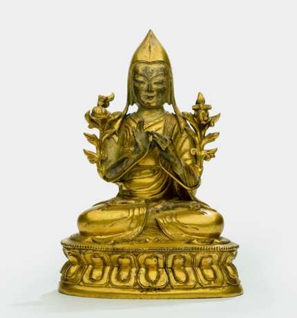Feuervergoldete Bronze des Tsongkhapa auf einem Lotos - photo 1