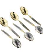 Product catalog. Six gilded, silver, dessert spoons with a niello pattern. USSR. 1960-80s 