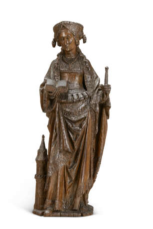 A CARVED OAK FIGURE OF SAINT BARBARA - photo 1