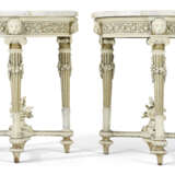 A PAIR OF LOUIS XVI GREY AND CREAM-PAINTED WALNUT DEMILUNE CONSOLE TABLES - photo 1