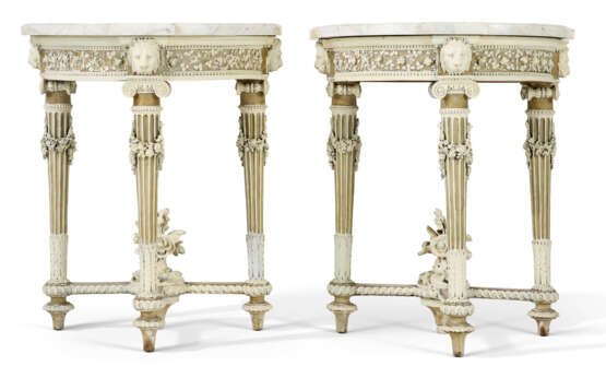 A PAIR OF LOUIS XVI GREY AND CREAM-PAINTED WALNUT DEMILUNE CONSOLE TABLES - photo 1