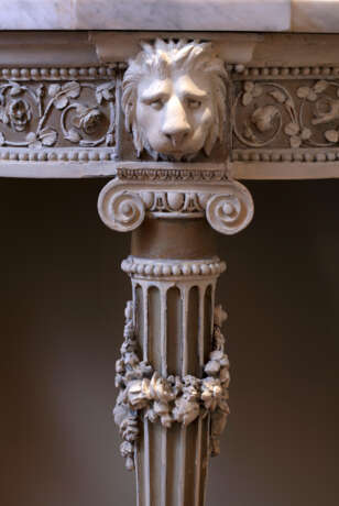 A PAIR OF LOUIS XVI GREY AND CREAM-PAINTED WALNUT DEMILUNE CONSOLE TABLES - photo 2