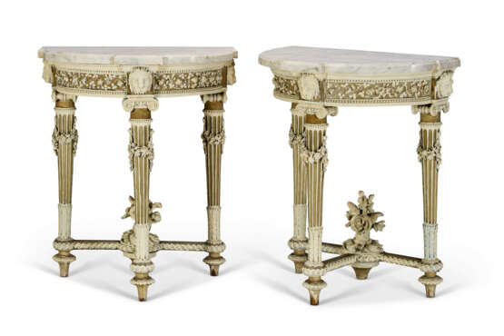A PAIR OF LOUIS XVI GREY AND CREAM-PAINTED WALNUT DEMILUNE CONSOLE TABLES - photo 3