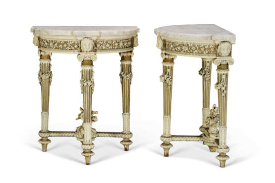 A PAIR OF LOUIS XVI GREY AND CREAM-PAINTED WALNUT DEMILUNE CONSOLE TABLES - photo 4