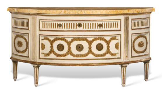 A NORTH ITALIAN BRASS-MOUNTED CREAM-PAINTED AND PARCEL-GILT DEMILUNE COMMODE - photo 1