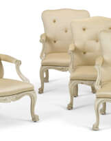 A SET OF FOUR EARLY GEORGE III CREAM-PAINTED ARMCHAIRS