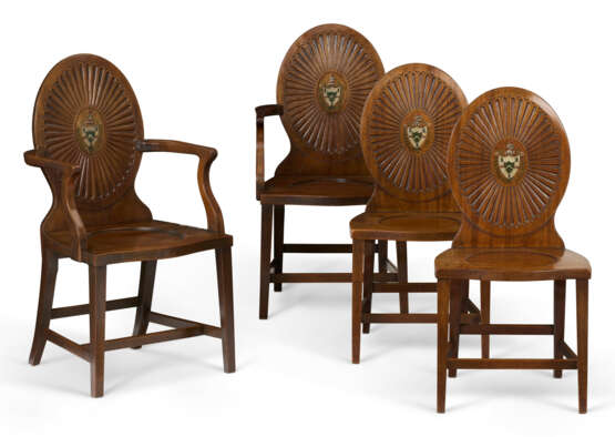 A SET OF FOUR GEORGE III POLYCHROME-DECORATED MAHOGANY HALL CHAIRS - фото 1 A SET OF FOUR GEORGE III POLYCHROME-DECORATED MAHOGANY HALL CHAIRS - фото 1