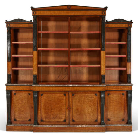 A REGENCY PATINATED-METAL MOUNTED FIGURED MAHOGANY AND PARCEL-BRONZED BREAKFRONT BOOKCASE - фото 1
