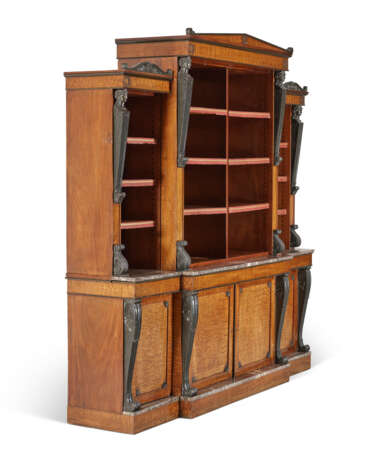 A REGENCY PATINATED-METAL MOUNTED FIGURED MAHOGANY AND PARCEL-BRONZED BREAKFRONT BOOKCASE - фото 3