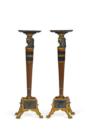 A PAIR OF EGYPTIAN REVIVAL MAHOGANY, PARCEL-EBONIZED, AND PARCEL-GILT TORCHERES - photo 3