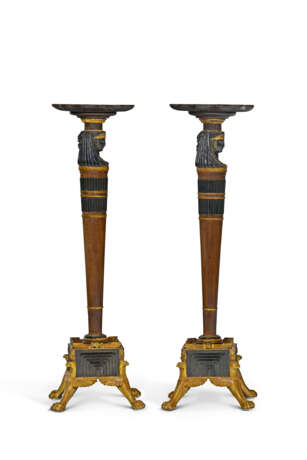 A PAIR OF EGYPTIAN REVIVAL MAHOGANY, PARCEL-EBONIZED, AND PARCEL-GILT TORCHERES - photo 5