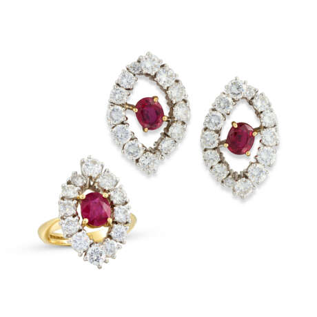 RUBY AND DIAMOND EARRINGS AND RING SET - photo 1