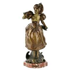 Figurine fran&ccedil;aise en metal bronze sur socle en marbre. Joyeuses vacances. 