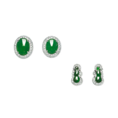 NO RESERVE - TWO PAIRS OF JADEITE AND DIAMOND EARRINGS - photo 1