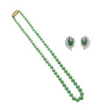 NO RESERVE - JADEITE BEAD NECKLACE; TOGETHER WITH A PAIR OF JADEITE AND DIAMOND EARRINGS - photo 1