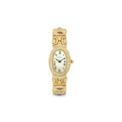 CARTIER DIAMOND, TOURMALINE AND GOLD 'BAIGNOIRE' WRISTWATCH/ BRACELET