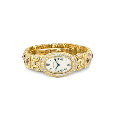 CARTIER DIAMOND, TOURMALINE AND GOLD 'BAIGNOIRE' WRISTWATCH/ BRACELET - photo 2