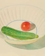 Gouache. Bernhard Dörries. Stillleben mit Gurke und Tomate