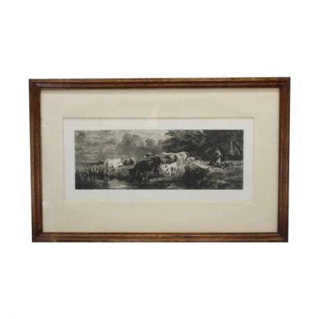 Engraving Cows on a watering place Engraving 19th century - photo 1