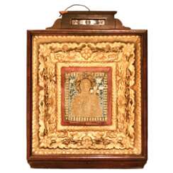 Large, copper-cast icon of the Smolensk Mother of God, with five enamels, in an icon case. Russia. 19th century. 