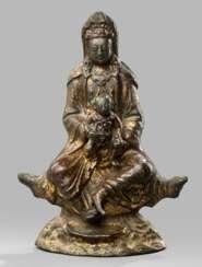 Bronze des Guanyin auf einem Felsen mit einem Knaben sitzend