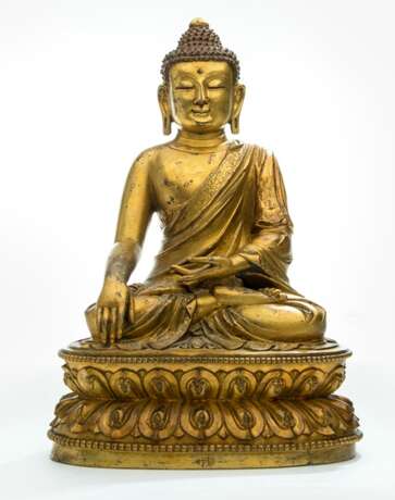 Feine feuervergoldete Bronze des Buddha Shakyamuni auf einem Lotos - photo 1