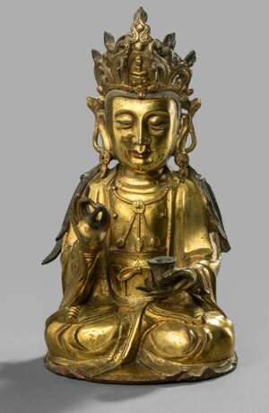 Feuervergoldete Bronze des Guanyin mit einer Schale - Foto 1