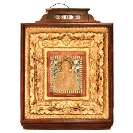 Large copper-cast icon of the Smolensk Mother of God with five enamels in an icon case. Russia. 19th century. Glass 19th century - photo 1
