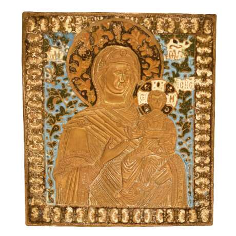 Large copper-cast icon of the Smolensk Mother of God with five enamels in an icon case. Russia. 19th century. Glass 19th century - photo 3