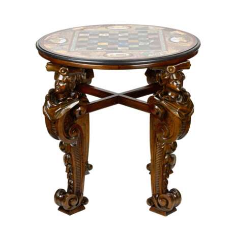 TABLE D&Eacute;CHECS IMPRESSIONNANTE AVEC MOSA&Iuml;QUE ROMAINE PR&Eacute;CIEUSE SUR PIEDS SCULPT&Eacute;S. ITALIE. XIXe SI&Egrave;CLE Naturholz Eclecticism 19th century - Foto 2