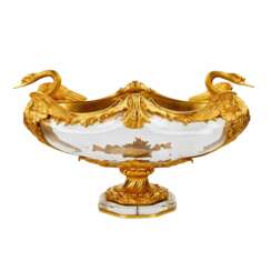 Pair of oval vases in cast glass and gilt bronze, with swan motif. France 20th century. 