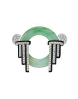 LACLOCHE ART DECO JADE, ENAMEL AND DIAMOND BROOCH