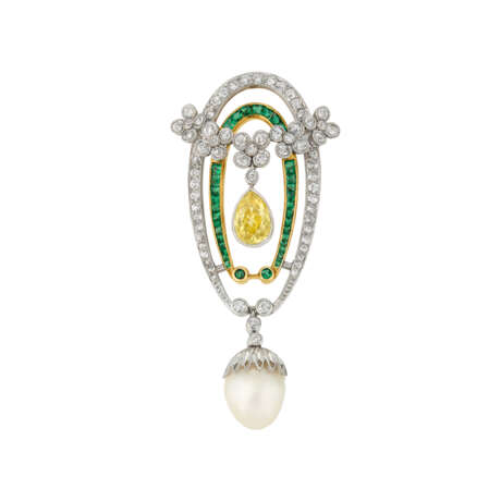 ANTIQUE COLORED DIAMOND, MULTI-GEM AND NATURAL PEARL PENDANT-BROOCH - photo 1