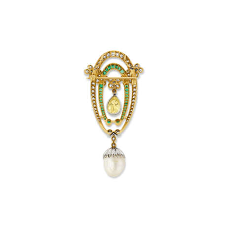 ANTIQUE COLORED DIAMOND, MULTI-GEM AND NATURAL PEARL PENDANT-BROOCH - photo 3