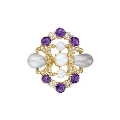 TIFFANY & CO. NATURAL PEARL, AMETHYST, AND DIAMOND BROOCH, ATTRIBUTED TO PAULDING FARNHAM - photo 1