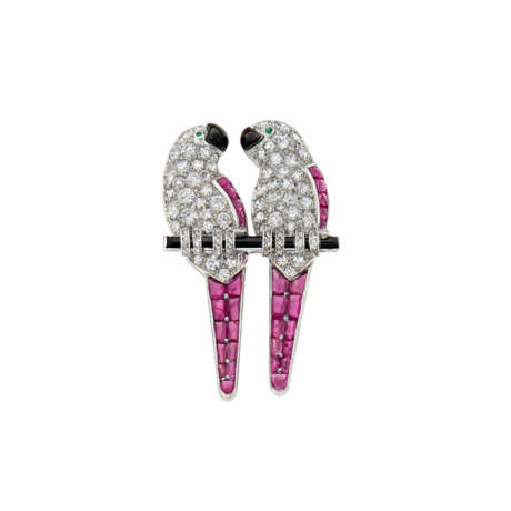 ART DECO MULTI-GEM AND DIAMOND LOVEBIRD BROOCH - Foto 1
