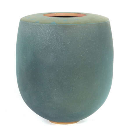 Blaue Keramikvase mit kleinen Quadraten 1991, beig… - photo 1