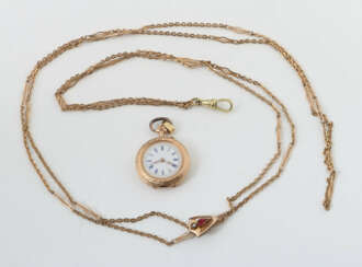 Damentaschenuhr mit Kette Um 1900, Gelbgold 585, p…
