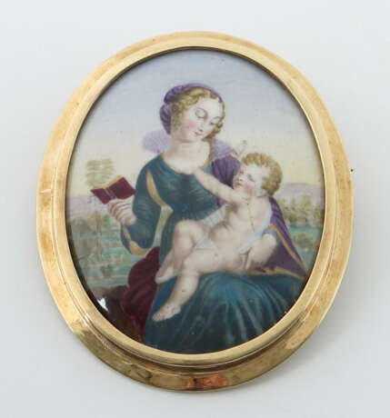 Brosche mit Porzellan-Miniatur Mitte 20. Jh., Gelb… - photo 1