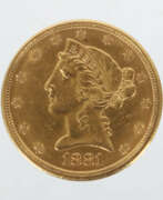 Auszeichnungen. 5 Dollar-Goldmünze ''Half Eagle'' USA, 1881, Gelbg…