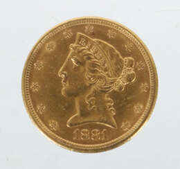 5 Dollar-Goldmünze ''Half Eagle'' USA, 1881, Gelbg…