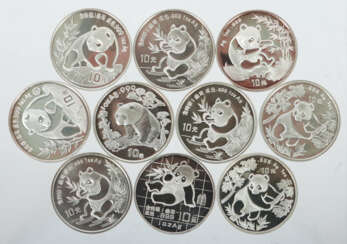 Sammlung von 10 Panda-Silbermünzen China, 1989/90/…