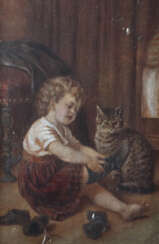 Maler des 19. Jh. ''Mädchen mit Katze'', im Wohnzi…