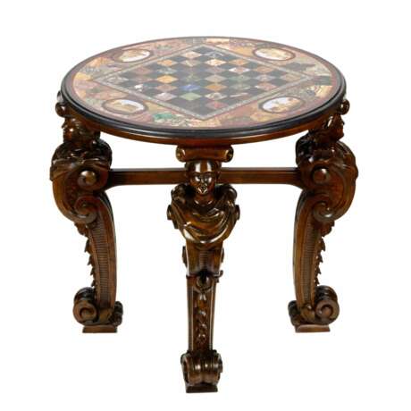 TABLE D&Eacute;CHECS IMPRESSIONNANTE AVEC MOSA&Iuml;QUE ROMAINE PR&Eacute;CIEUSE SUR PIEDS SCULPT&Eacute;S. ITALIE. XIXe SI&Egrave;CLE Bois naturel Eclecticism 19th century - photo 3