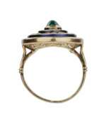 Overview. 583 gold ring, with emerald, diamonds and blue enamel. 