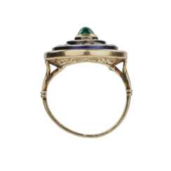583 gold ring, with emerald, diamonds and blue enamel. 