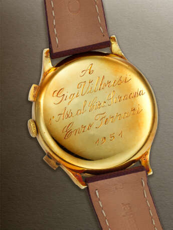 LOWENTHAL, GIFTED TO LUIGI 'GIGI' VILLORESI BY ENZO FERRARI, YELLOW GOLD MONOPUSHER CHRONOGRAPH WITH 'CATCH-UP' MECHANISM 'MONO- RATTRAPANTE' - photo 3