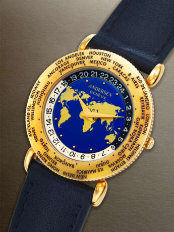 ANDERSEN GENÈVE, YELLOW GOLD WORLD TIME 'COMMUNICATION 24' WITH BLUE ENAMEL DIAL - photo 2